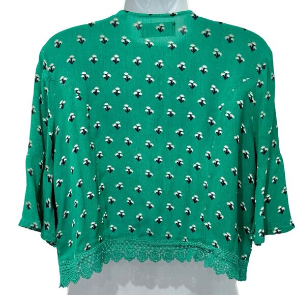 Superdry Cropped Green Floral Button Down Boxy Short Sleeve Lace Trim Top size 8 - Picture 2 of 9